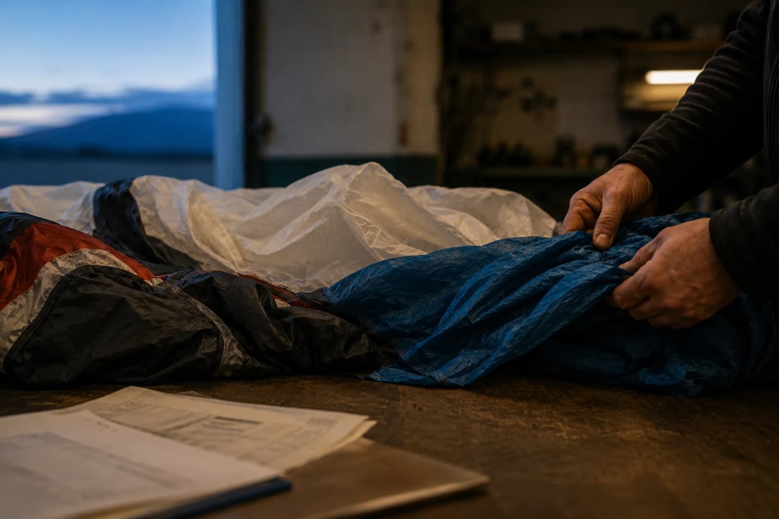 A person inspects parachute fabric beside maintenance paperwork.